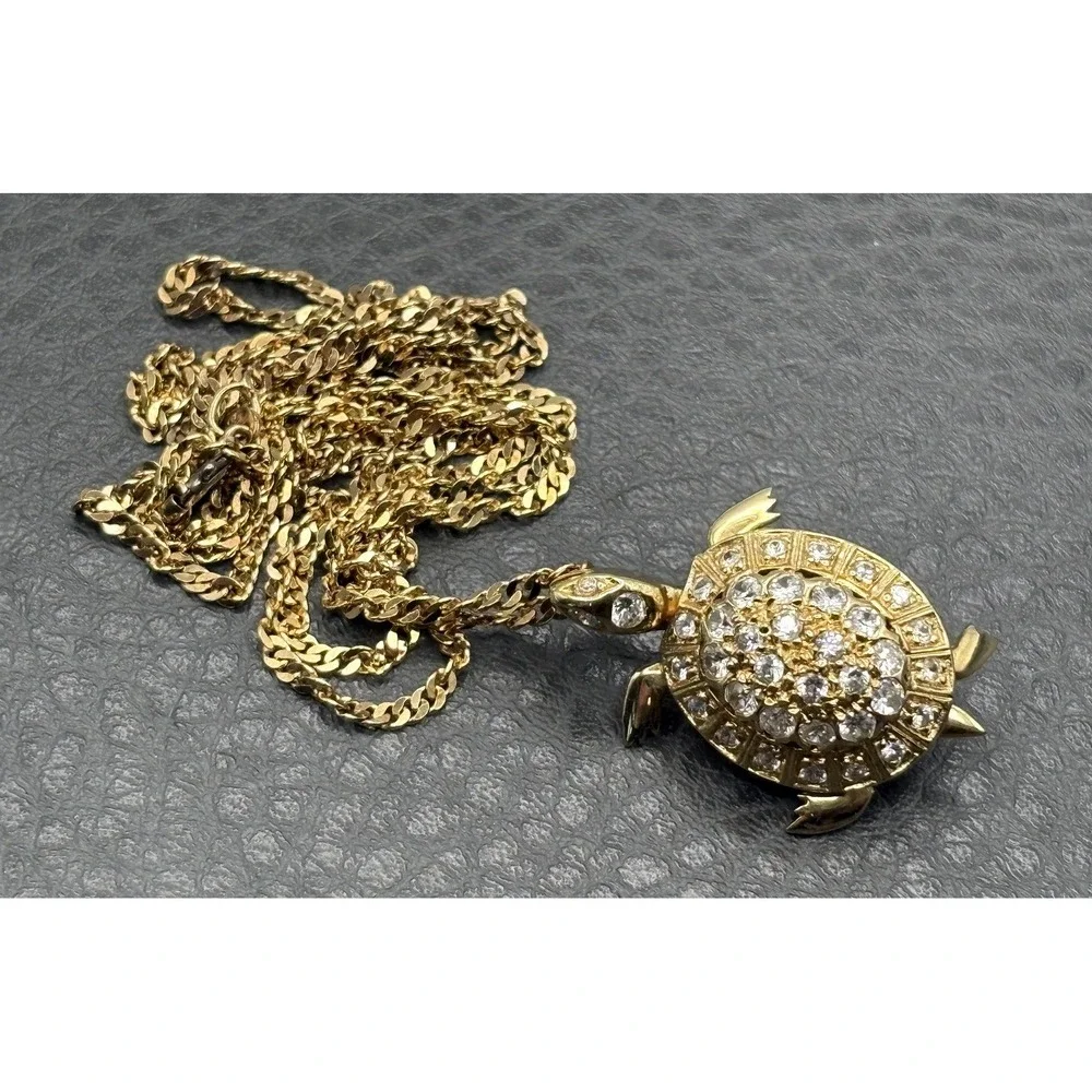 Vermeil Sterling Silver Moving Turtle Rhinestone Pendant Necklace 30